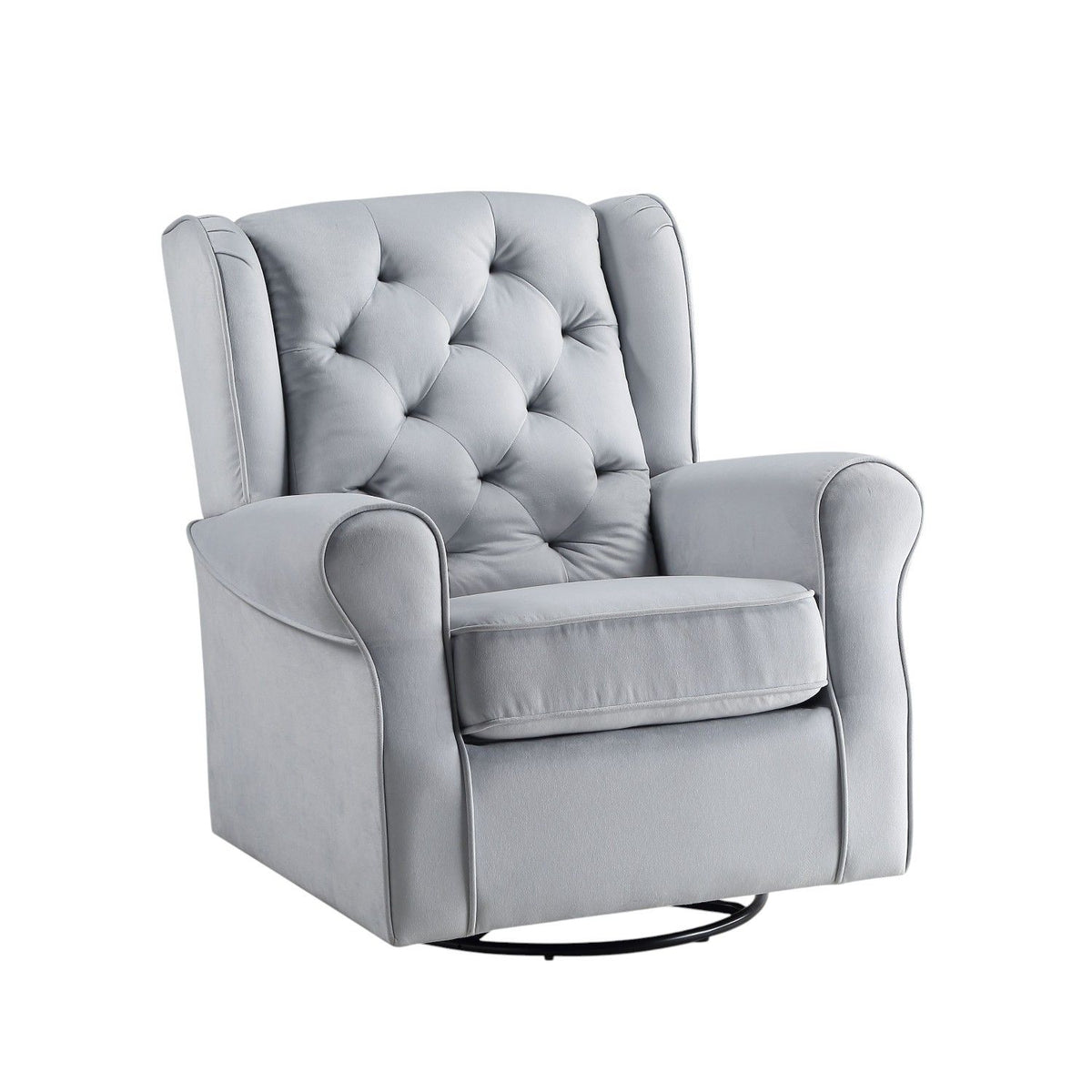 Gray upholstered glider chair with tufted back, rounded arms, and swivel base