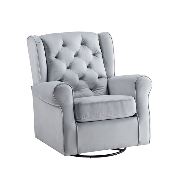Gray upholstered glider chair with tufted back, rounded arms, and swivel base