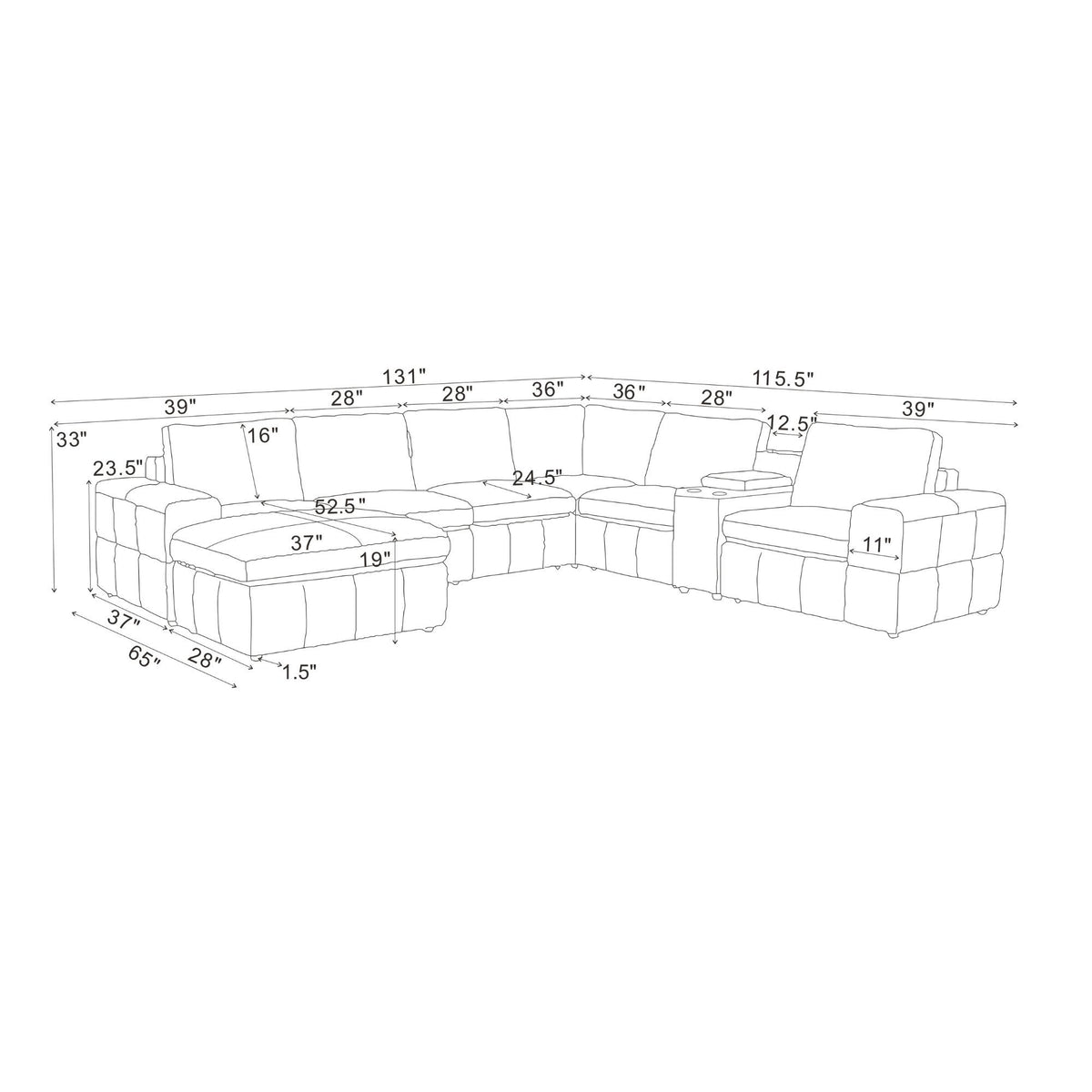 Modular sectional sofa sizing diagram showing large square arms and section dimensions