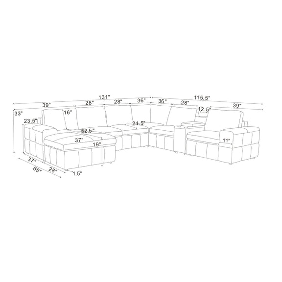 Modular sectional sofa sizing diagram showing large square arms and section dimensions