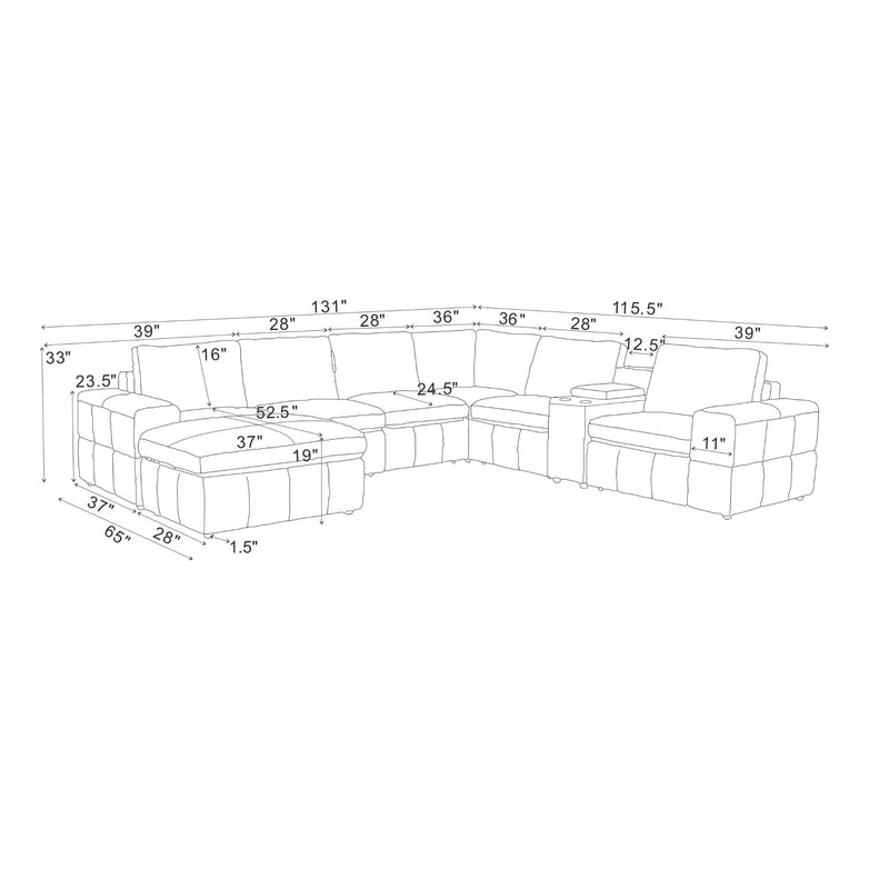 Modular sectional sofa sizing diagram showing large square arms and section dimensions