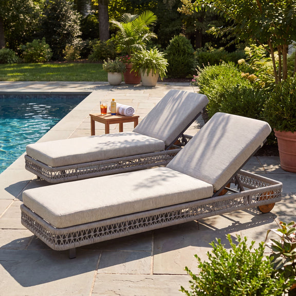 Gray outdoor chaise lounge with adjustable backrest and wheels, padded seat