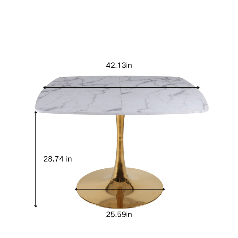 White marble-look square dining table with gold pedestal base