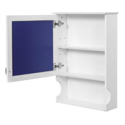 White wall cabinet with open doors revealing shelves and a reflective square mirror panel