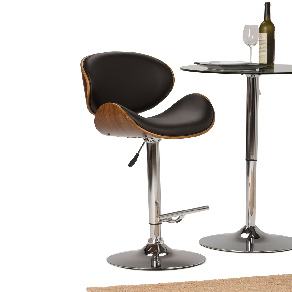 Bentwood swivel bar stool with black faux leather seats, wooden arms, chrome base