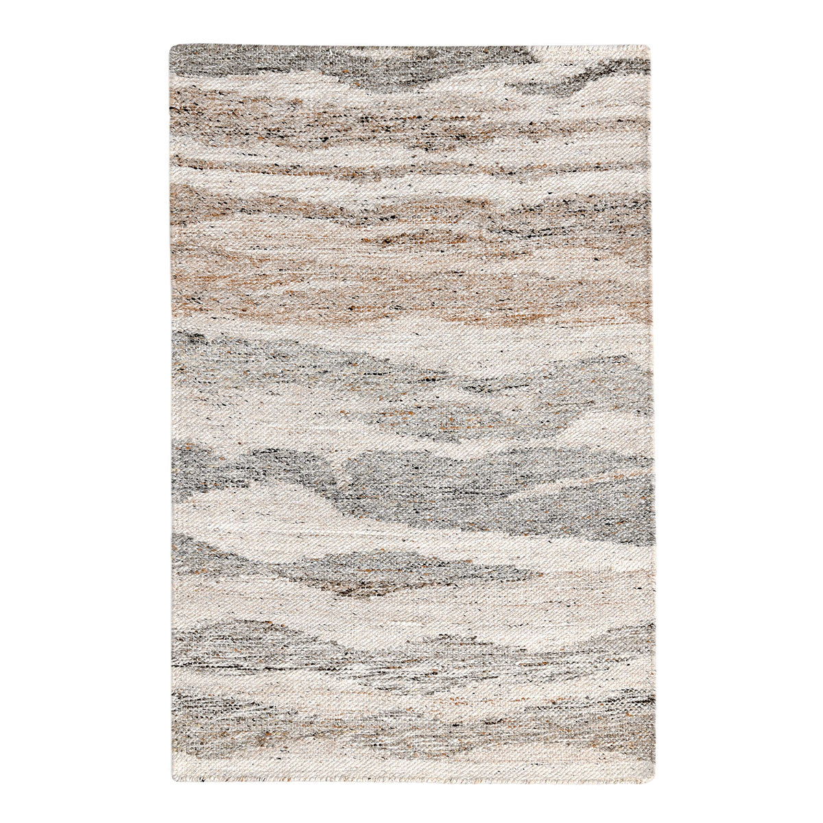 Rectangular abstract area rug in cream, gray, and tan with wavy stripe motifs