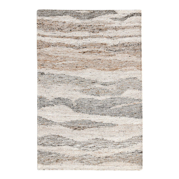 Rectangular abstract area rug in cream, gray, and tan with wavy stripe motifs
