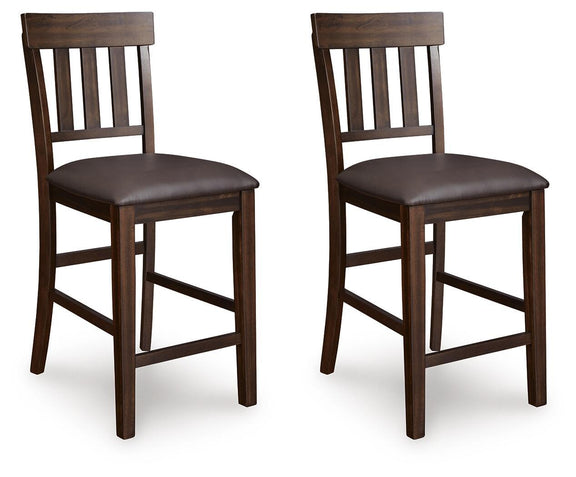 Pair of dark brown barstools with slatted backs and dark padded seat cushions
