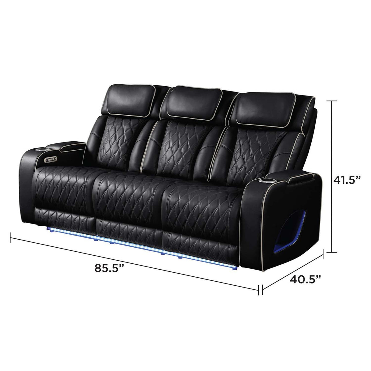 Black power reclining sofa with quilted cushions, headrests, and blue LED base