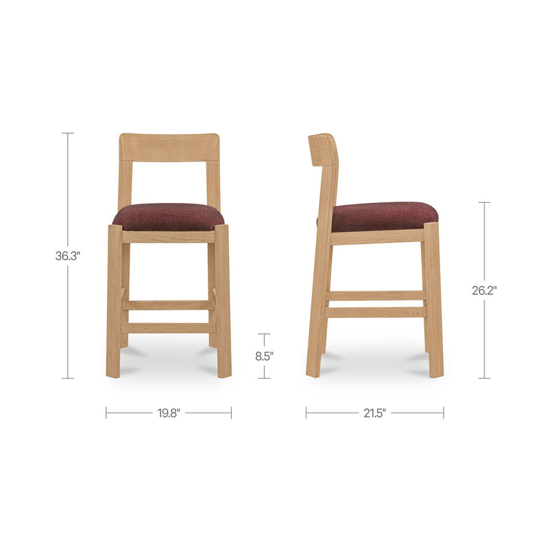 Burgundy upholstered counter stool with light wood frame and size measurements