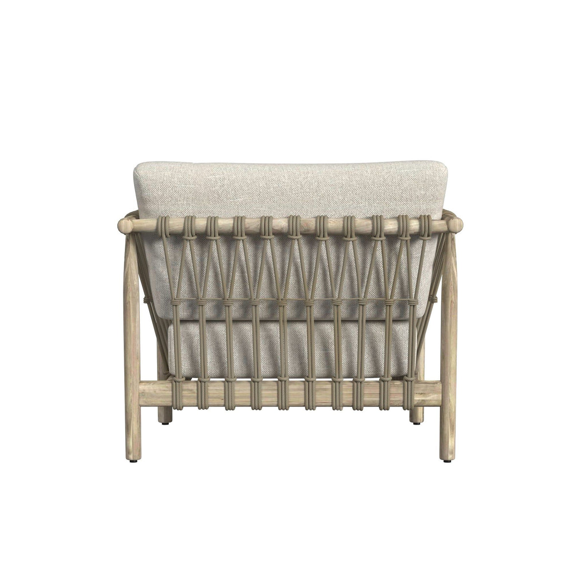 Outdoor accent chair rear view with woven rope back and light taupe upholstered cushion