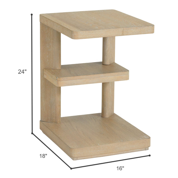 Tan chairside table with dimensions: 24 in height, 16 in length, 18 in depth