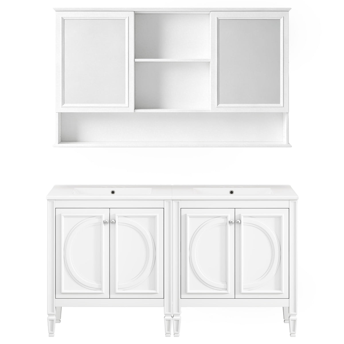 White bathroom vanity set with wall-mount mirror cabinet, two-door base and sink cutouts