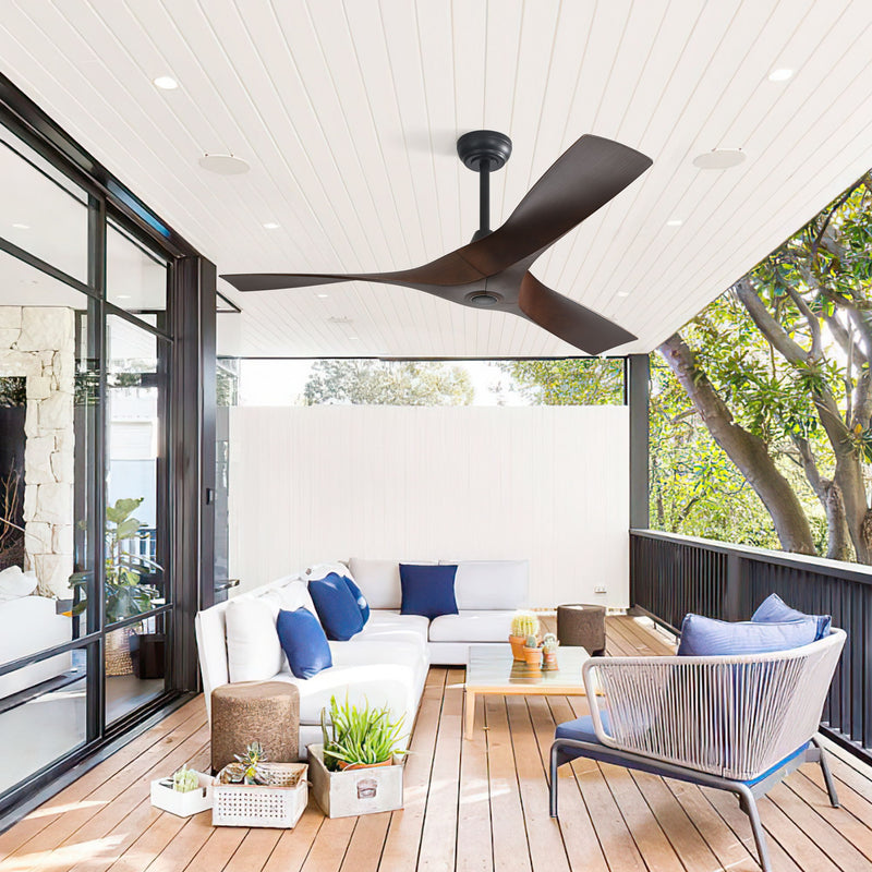 Black three-blade ceiling fan with dark blades and central motor housing