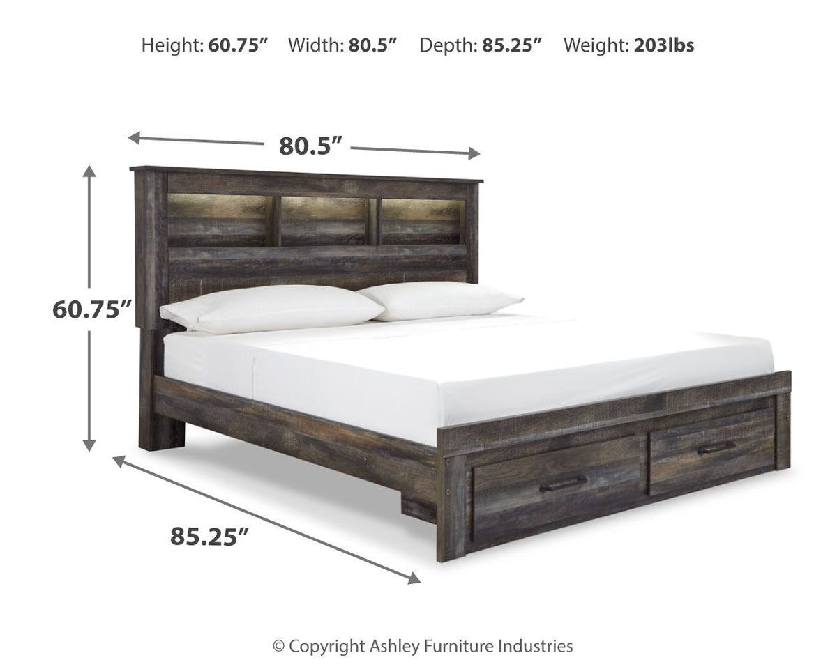 Panel bookcase bed with dark wood tone, open shelving headboard, and two front drawers