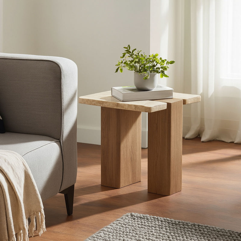 Ravenna - Genuine Fabric Travertine And Oak Wood Table