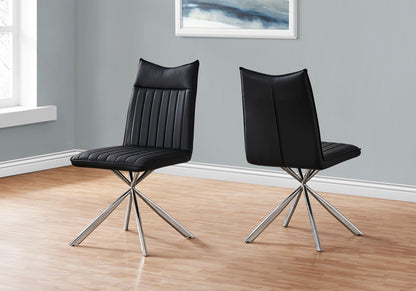 Upholstered dining side chair set in black with striped back and chrome swivel legs