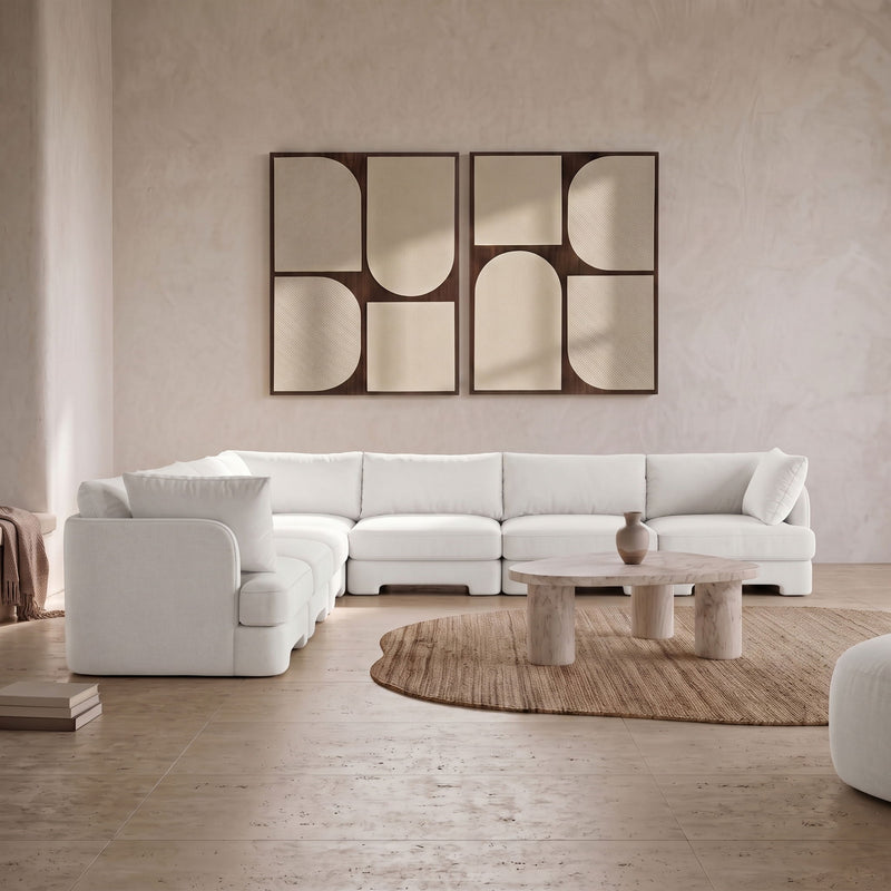 7-piece corner sectional sofa, white velvet upholstery, with seat and back cushions