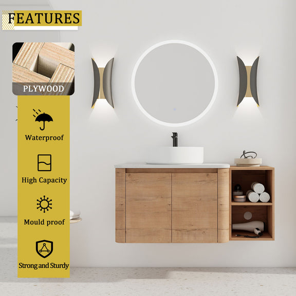 Wall-mounted bathroom vanity with white vessel sink and open side shelf, two-door cabinet