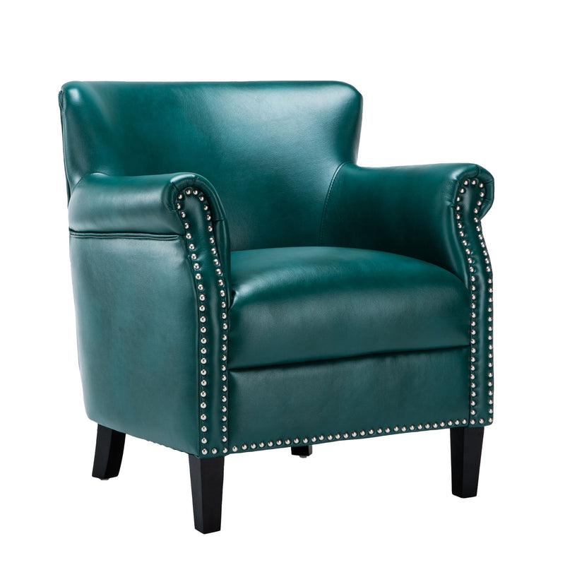 Teal club chair with studded arms and nailhead trim, padded seat, dark legs