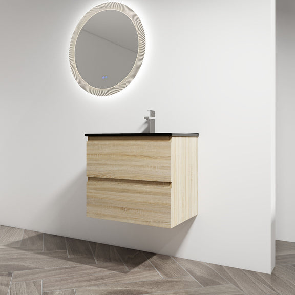 Wall-mounted bathroom vanity with black countertop and light wood cabinet with drawer fronts