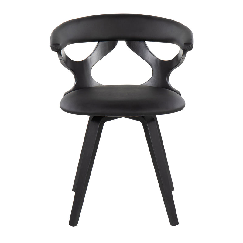 Black mid-century dining chair with curved back, armrests, and four angled legs