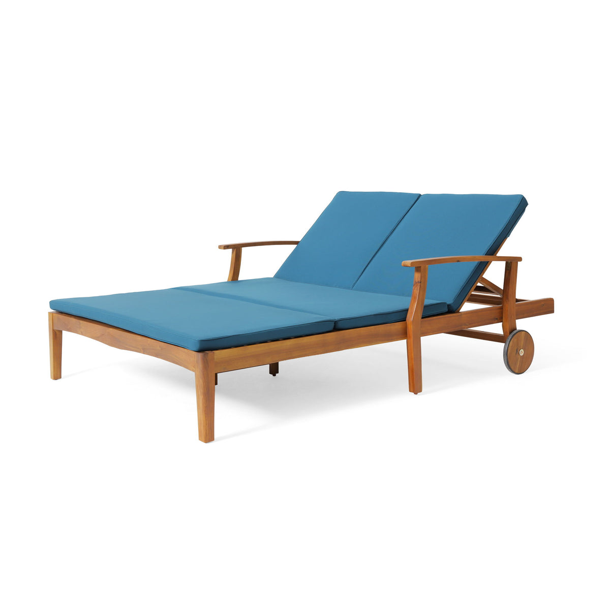Adjustable teak double chaise lounge with blue water-resistant cushions and wheels