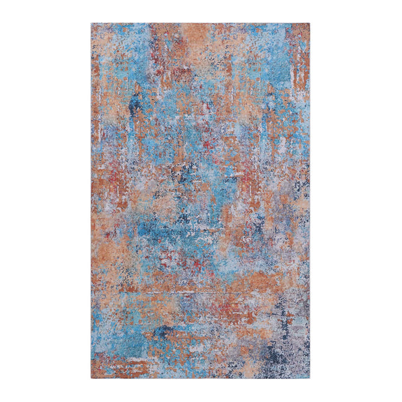 Washable area rug, full view, blue and orange abstract speckled pattern