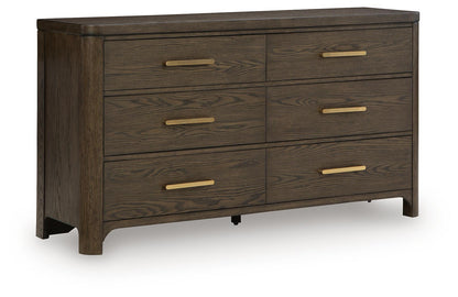 Dark brown wood dresser with six drawers and gold bar pulls