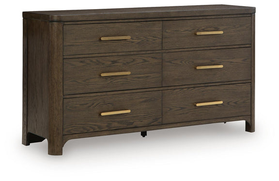 Dark brown wood dresser with six drawers and gold bar pulls