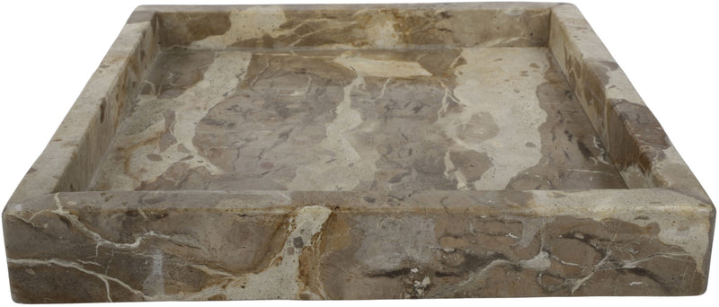 Rectangular taupe and gray marble tray with irregular stone veining