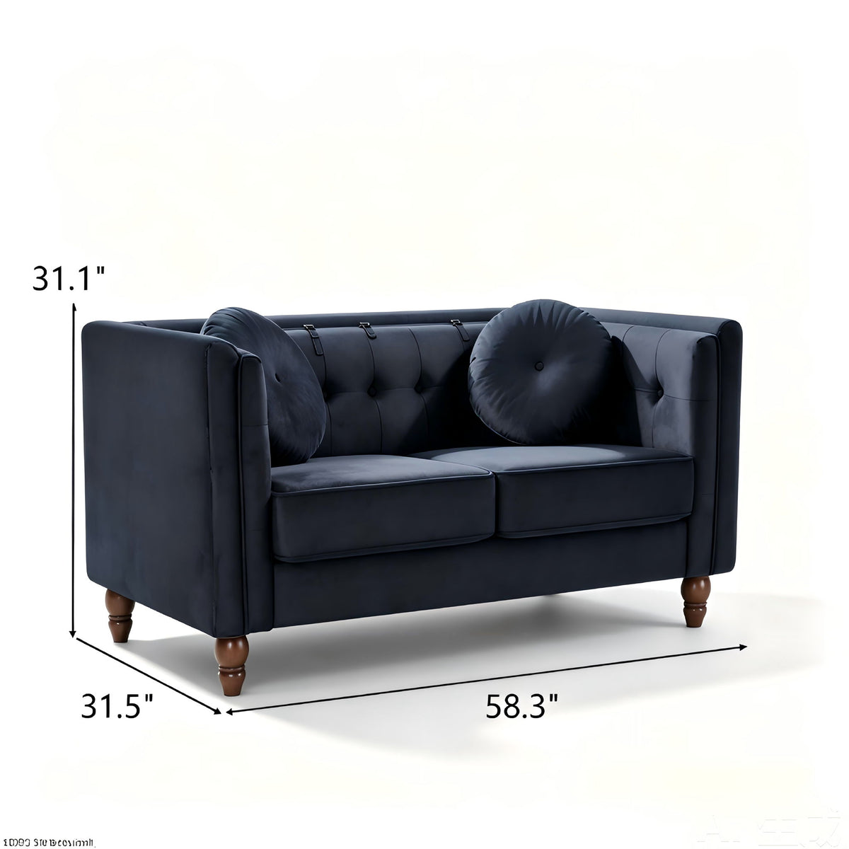 Black tufted two-seater loveseat with rounded bolster pillow and rolled arms