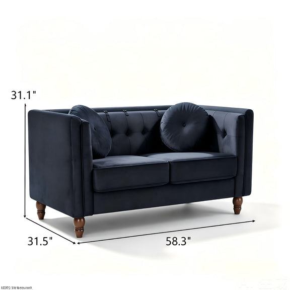 Black tufted two-seater loveseat with rounded bolster pillow and rolled arms