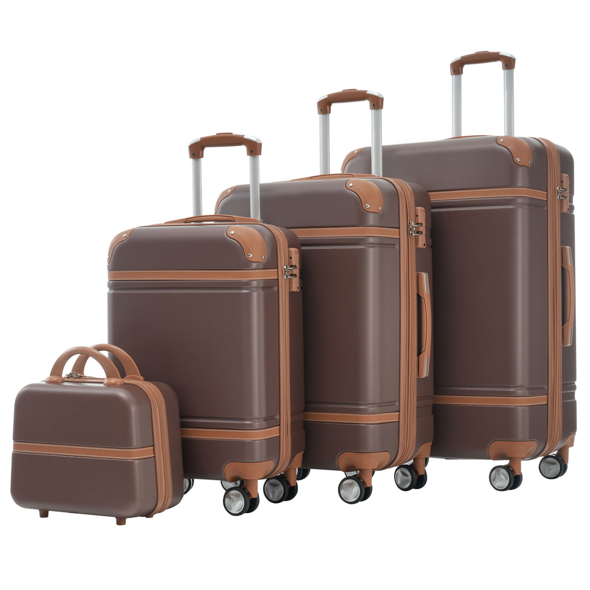 Dark brown hard-shell luggage set with 3 spinner suitcases and a matching cosmetic case
