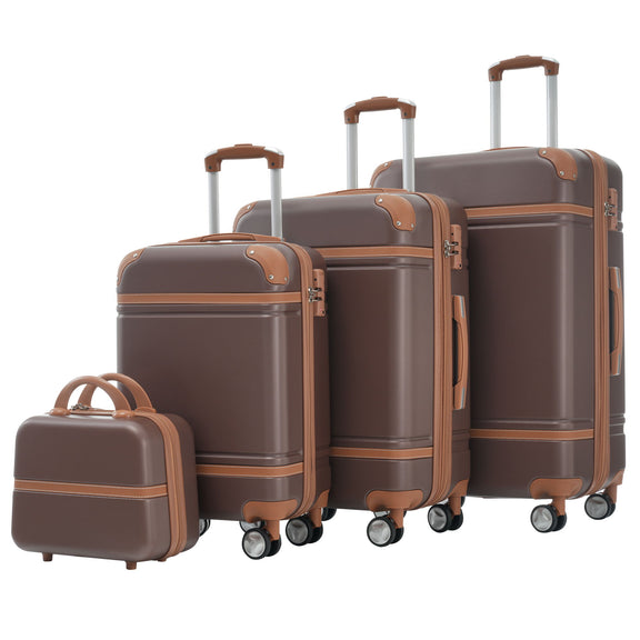 Dark brown hard-shell luggage set with 3 spinner suitcases and a matching cosmetic case