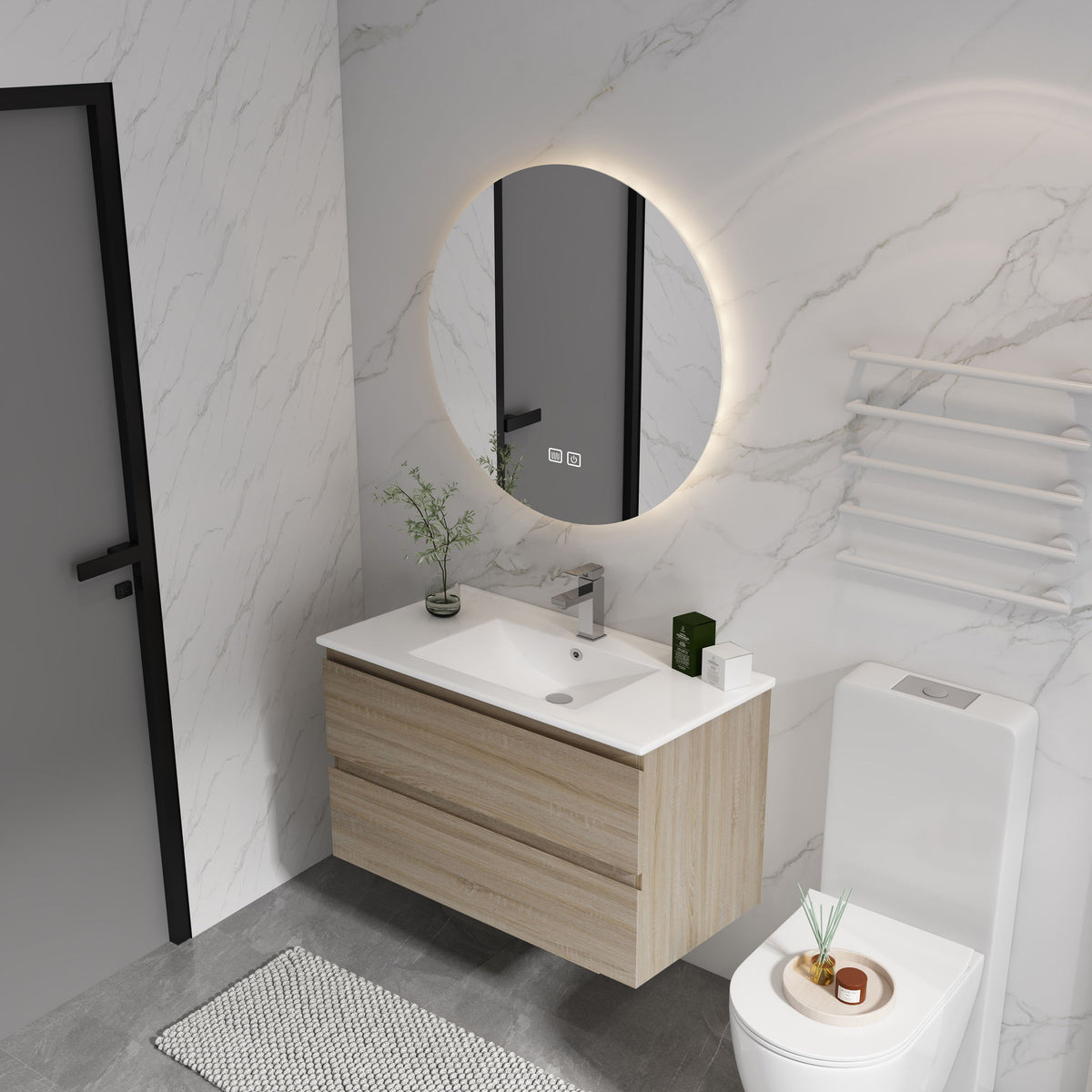 Wall-mounted bathroom vanity with white sink and two soft-close drawers, light brown