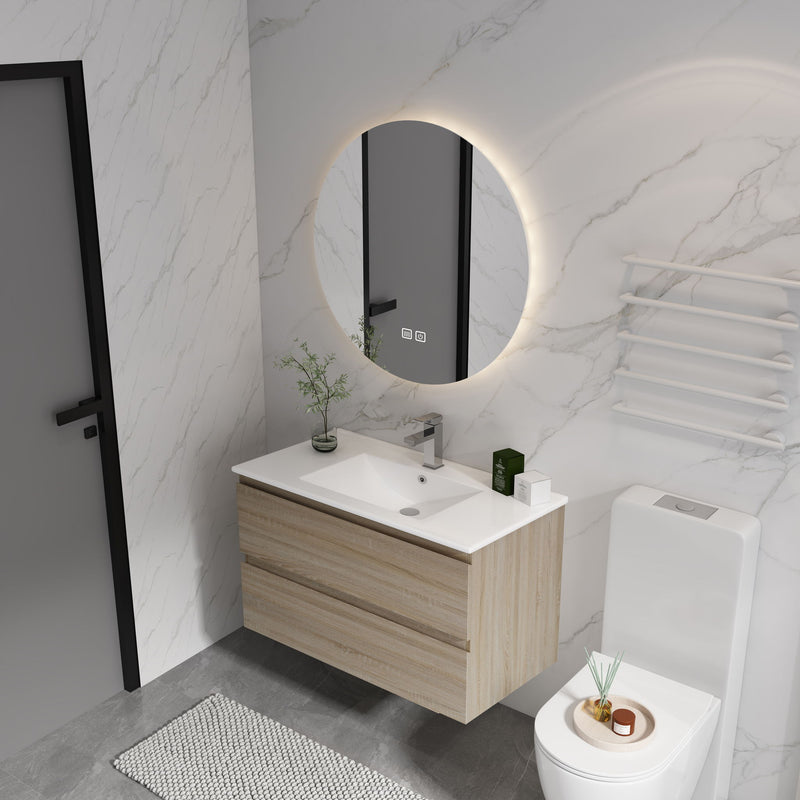 Wall-mounted bathroom vanity with white sink and two soft-close drawers, light brown