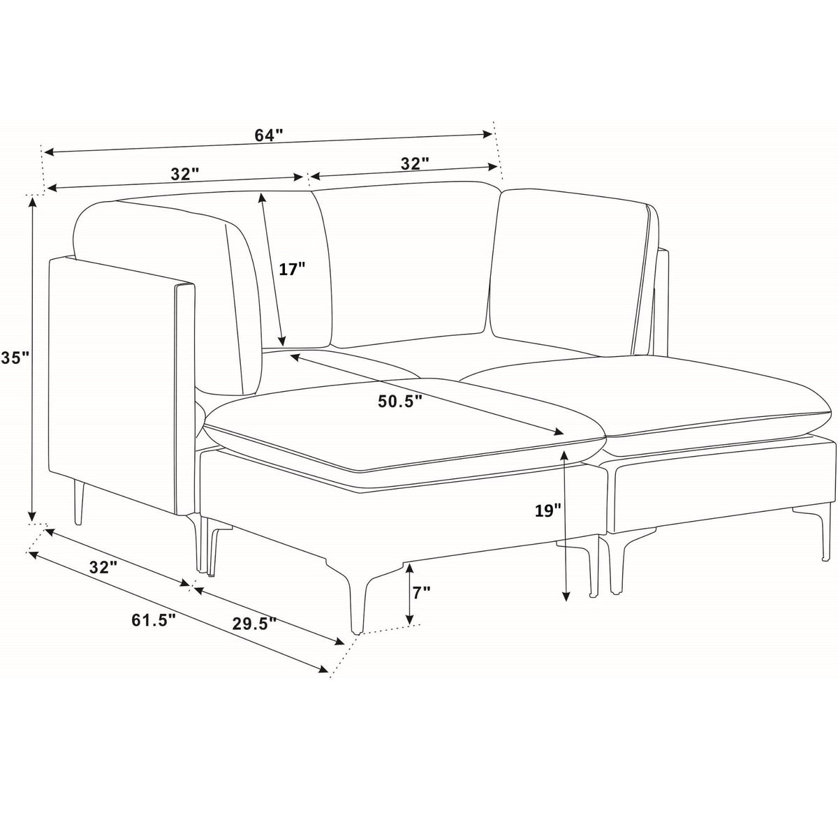Modular sectional sofa with tall legs and ottoman, top measurements line drawing