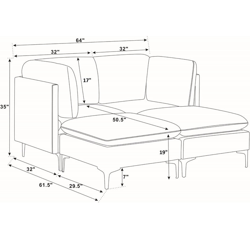 Modular sectional sofa with tall legs and ottoman, top measurements line drawing