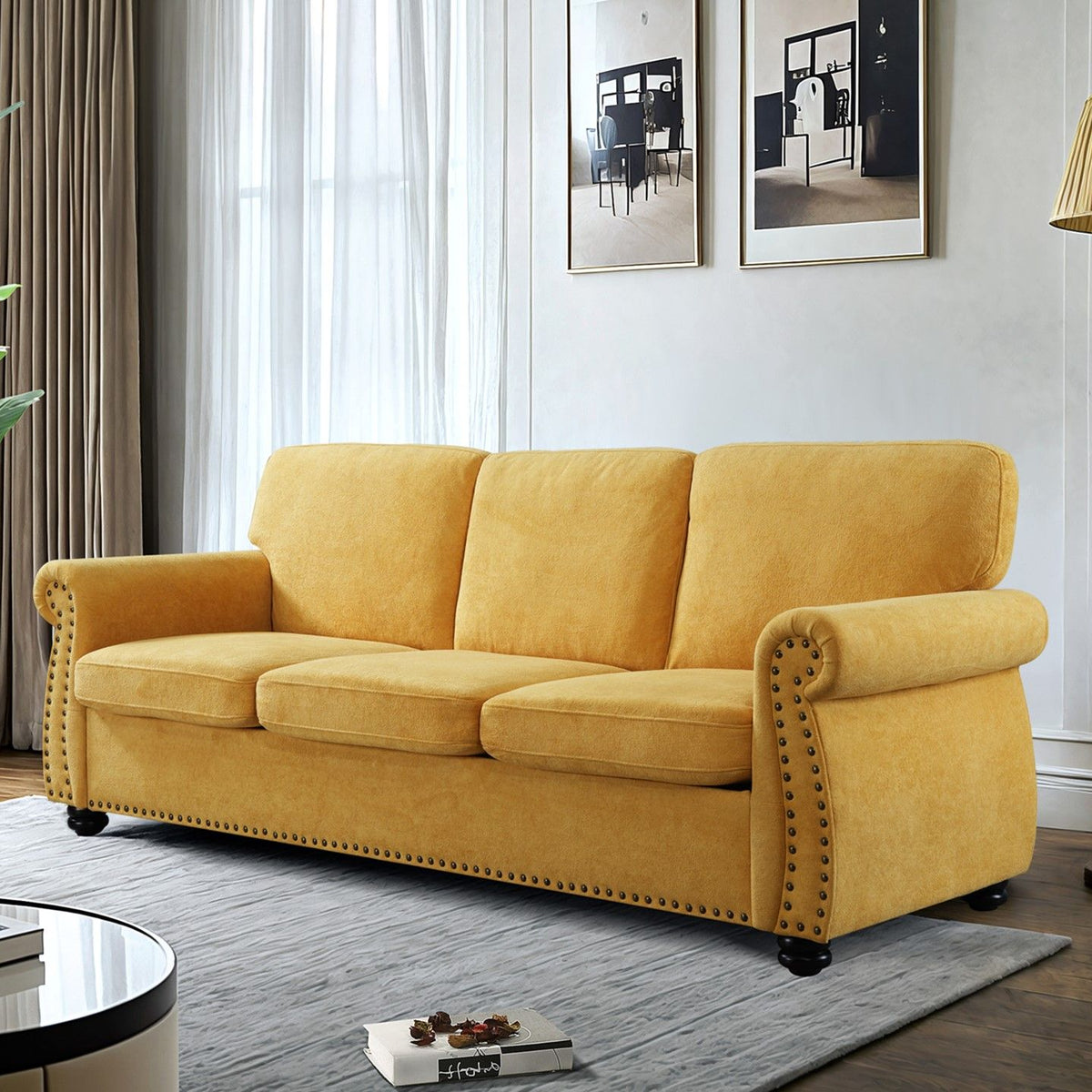 Soft Sofa, Upholstered 3 Seater Couch With High Density Foam, Loose Back Cushions And Turned Legs