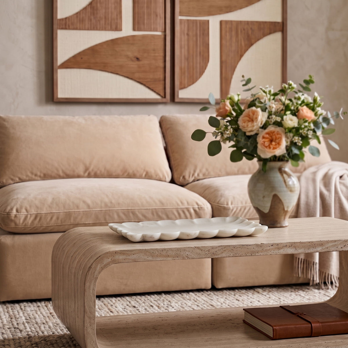 Genuine marble tray with scalloped edge, beige marble with natural stone lines