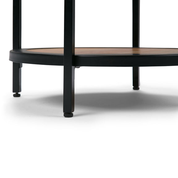 Round side table with bottom shelf, dark wood shelves and black metal legs