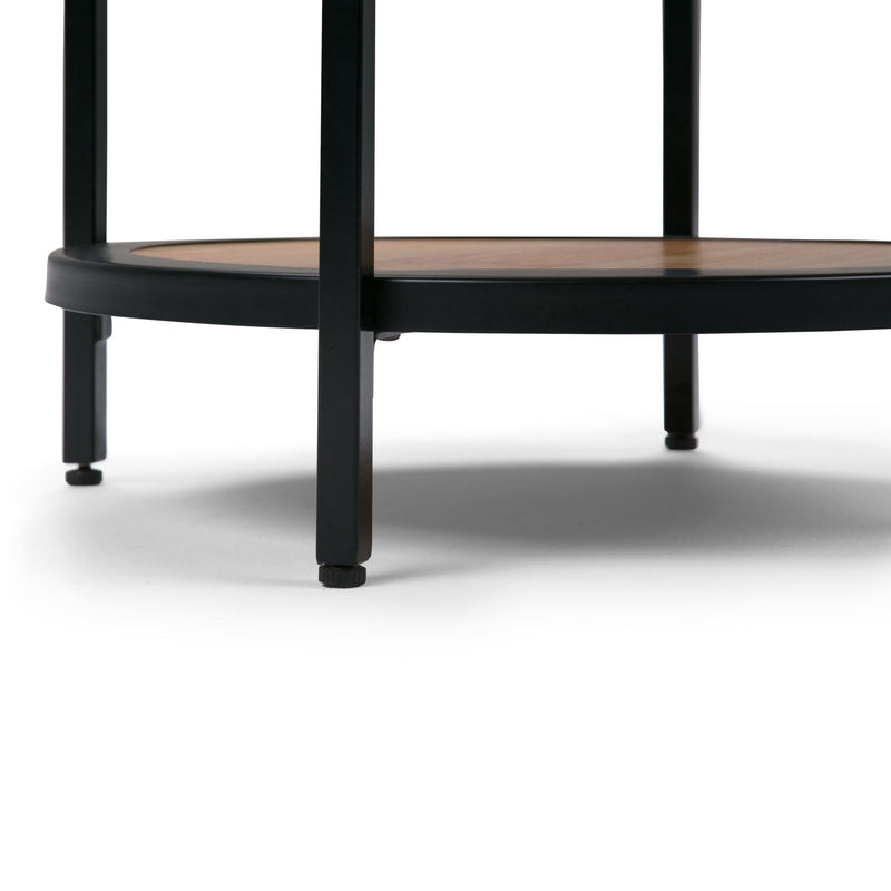 Round side table with bottom shelf, dark wood shelves and black metal legs