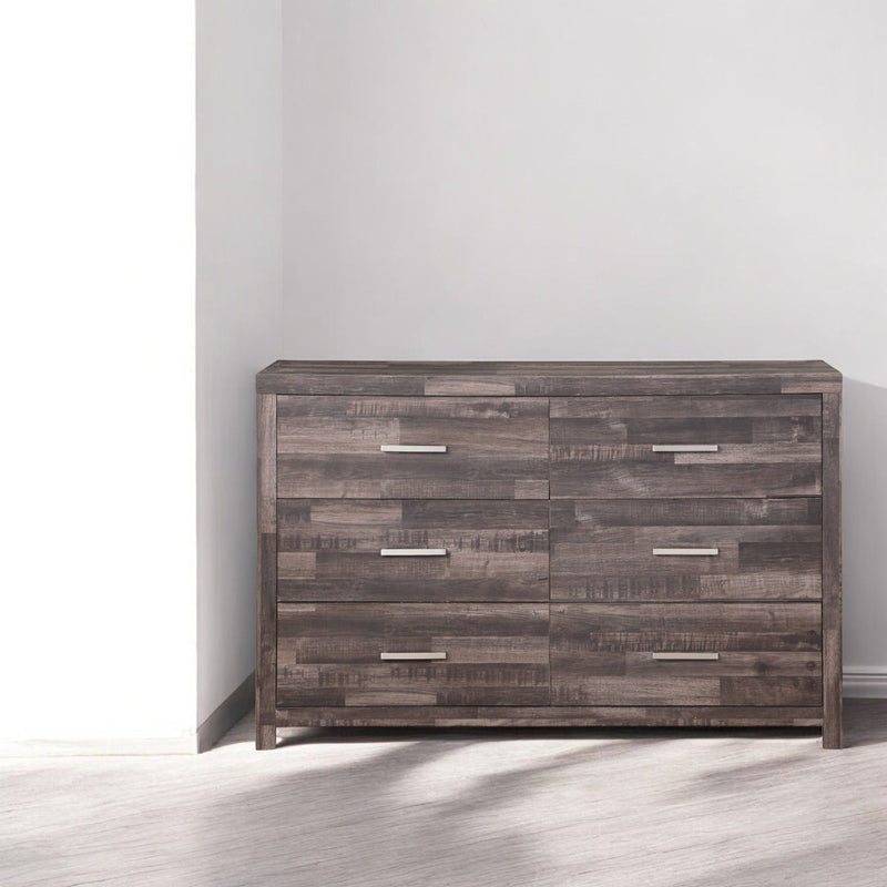 Dark brown dresser with six drawers, silver bar pulls; front view