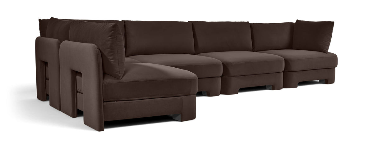 Dark brown velvet performance sectional sofa, 5-piece L-shape with chaise end