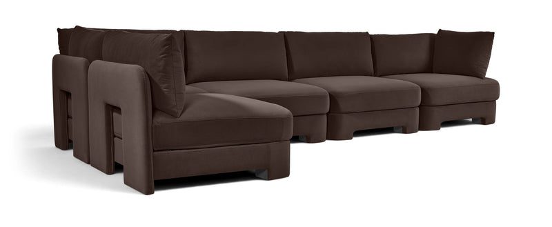 Dark brown velvet performance sectional sofa, 5-piece L-shape with chaise end