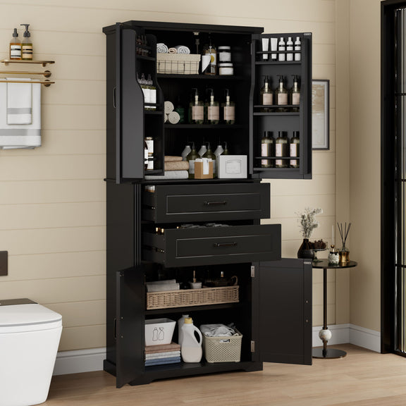 Black storage cabinet open with shelves, two drawers, and dual door panels
