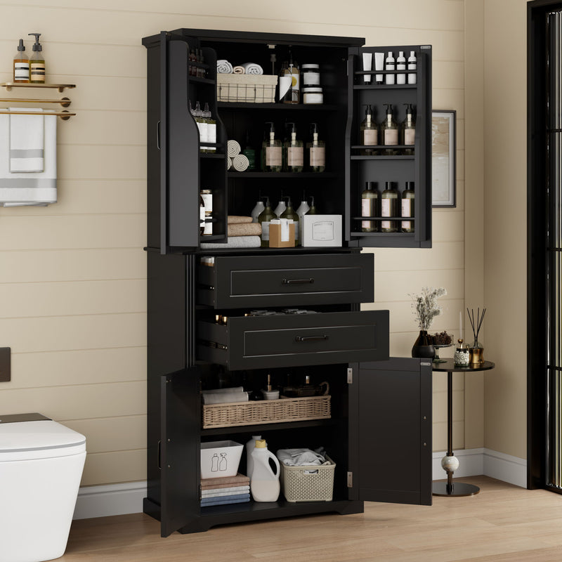 Black storage cabinet open with shelves, two drawers, and dual door panels