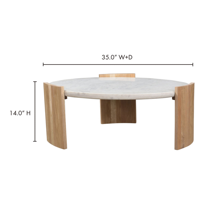 Natural round coffee table, 35.0in W+D x 14.0in H, marble-look top and wood legs