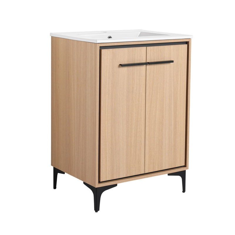 Light brown bathroom vanity cabinet with white sink, black bar handle, two doors, legs